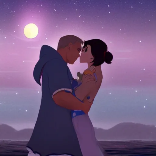 Image similar to seifer almasy kissing rinoa heartilly under the moonlight, with the night sea in the background.