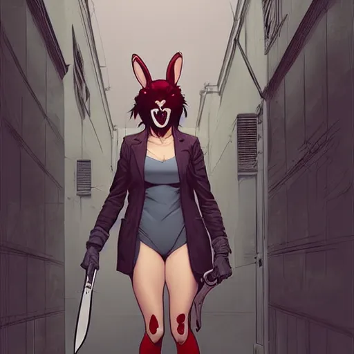 Image similar to style of Jaime McKelvie and Joshua Middleton comic book art, cinematic lighting, realistic, bunny mask female villain holding a bloody kitchen knife, standing in an alleyway, full body sarcastic pose, symmetrical, realistic body, knee high socks, rioters, people fighting, The Purge, night, horror, dark color palette
