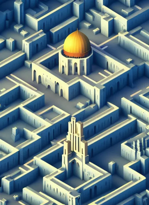 Prompt: a low poly isometric render of jerusalem in the style of monument valley, intricate, elegant, smooth shading, soft lighting, illustration, simple, solid shapes, by magali villeneuve, jeremy lipkin and michael garmash, rob rey and kentaro miura style, octane render