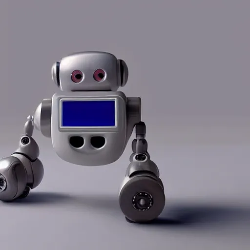 Prompt: a small robot with wheels, no arms, no legs and a cute smiling face on the screen on its face