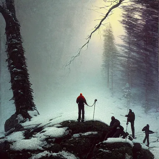 Image similar to a beautiful painting of group of climbers, extreme cold, storm, octane rendering, grim, dark, volumetric lightning, hyperrealism, no blur, 4 k resolution, ultra detailed, style of john atkinson grimshaw, ivan shishkin, tyler edlin, scott listfield, eric zener