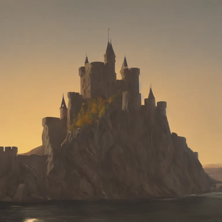 Image similar to large castle with towers by Wayne Barlow and catapults at dawn heading to the iceberg, highly detailed, painted by Edward Hopper, trending on artstation