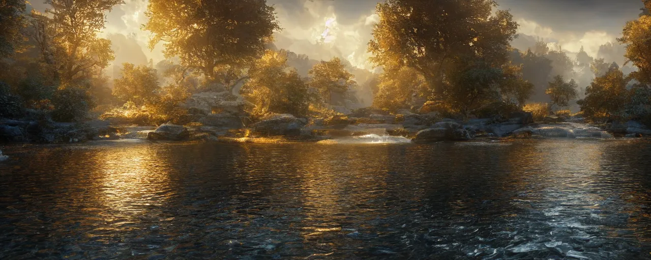 Image similar to of the throne of god and flowing from the throne is a river of the water of life as clear as crystal and in the middle of the river is a golden street and on either side of the river is a tree of life by daniel f. gerhartz and matt stewart, fantasy, photorealistic, octane render, unreal engine, dynamic lighting