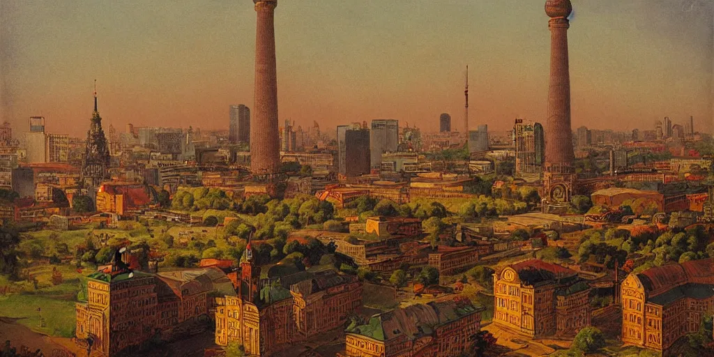 Image similar to berlin skyline in the style of raja ravi varma, high detail, realism