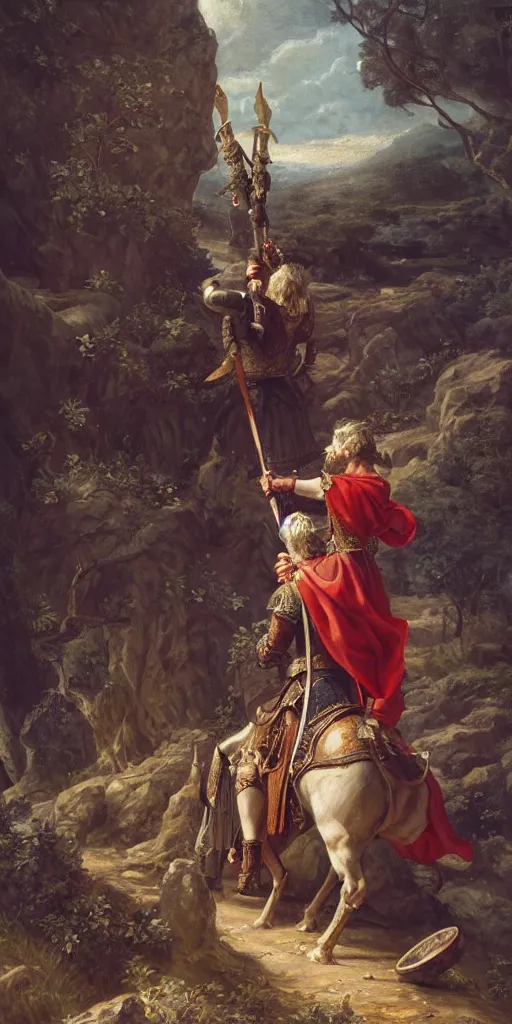 Prompt: a stunning and noble highly detailed romantic period style painting of young king arthur pulling the sword from the stone by james jean, josep tapiro baro and harles sillem lidderdale, trending on artstation, oil painting masterpiece, symmetry, rule of thirds, mysterious