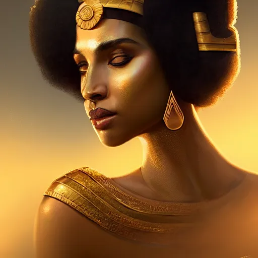 Image similar to Beautiful aesthetically pleasing regal Cleopatra portrait, face centered portrait, Confident, fog, volumetric lighting, beautiful, golden hour, sharp focus, ultra detailed, conceptartworld by Leesha Hannigan, Ross Tran, Thierry Doizon, Kai Carpenter,Ignacio Fernández Ríos