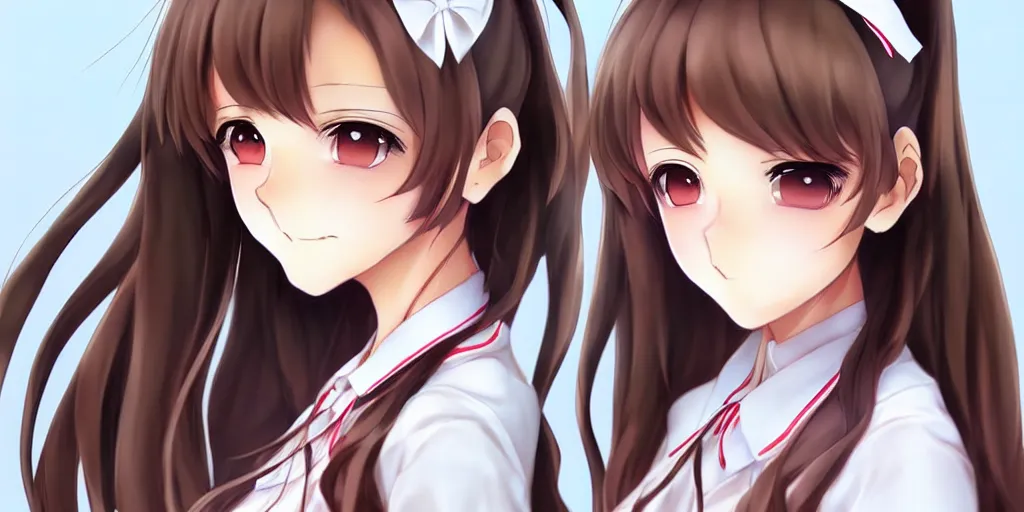 Prompt: beautiful anime high school girl, full body, brown hair, ponytail, white ribbon, full perfect face, slightly smiling, detailed background, dran by Artgerm, Sasoura, Satchely, no distorsion