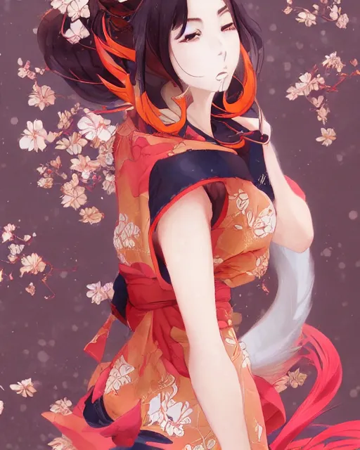 Image similar to A beautiful anime digital painting of a woman with fox ears and nine tails wearing a kimono, by Stanley Artgerm Lau, WLOP, Rossdraws, James Jean, Andrei Riabovitchev, Marc Simonetti, and Sakimichan, trending on artstation