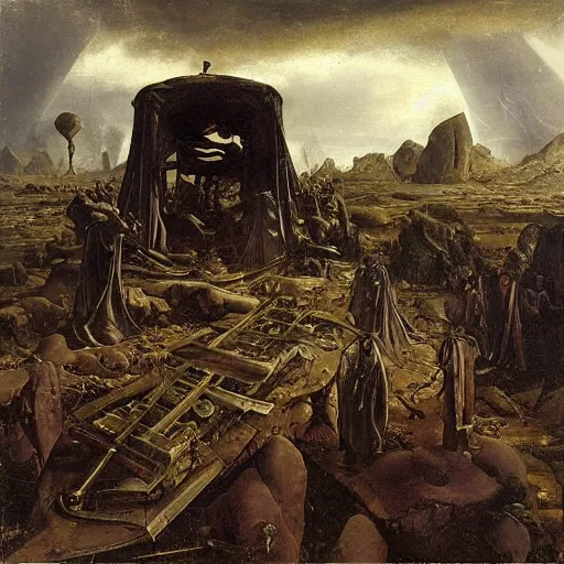 Image similar to by rudolf ernst, by pieter aertsen apocalyptic. a installation art of a coffin being carried by six men through an ethereal, otherworldly landscape. the men are all wearing hooded cloaks. the landscape is eerie & foreboding, with jagged rocks & eerie, glowing plants.