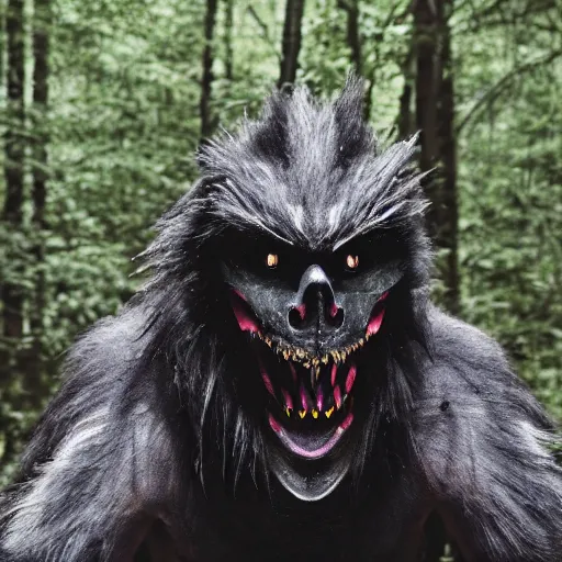 Image similar to werecreature consisting of male human and crow, photograph captured in a forest