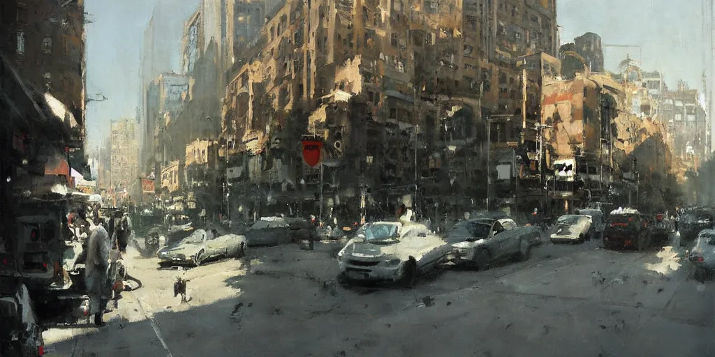 Prompt: street scene, morning sunlight, matt painting, painting by jeremy mann