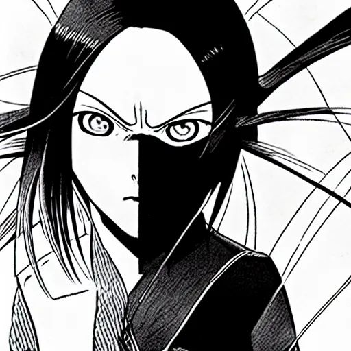 Image similar to alita by yukito kishiro. medium shot. black and white manga. pencil drawing.