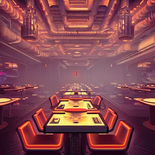 Image similar to futuristic cyberpunk restaurant, interior architecture view, beautiful detailed pixelart by albertov, intricate details, beautiful, dithered gradients, volumetric lighting, cgsociety, artstation, smooth, sharp focus, 2 d illustration, by greg rutkowski, amazing art by dan mumford