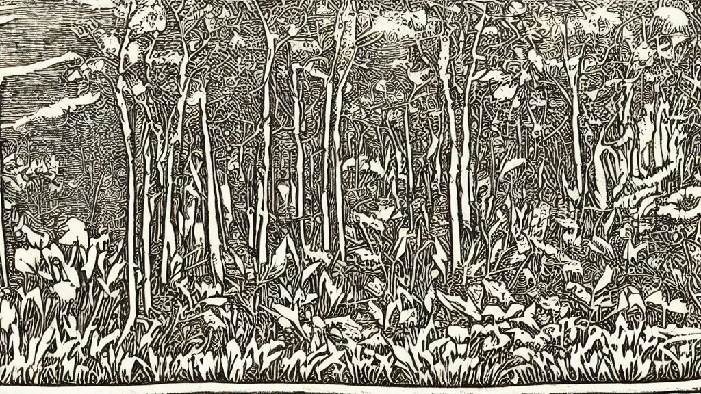 Prompt: woodcut repetitive growth diorama