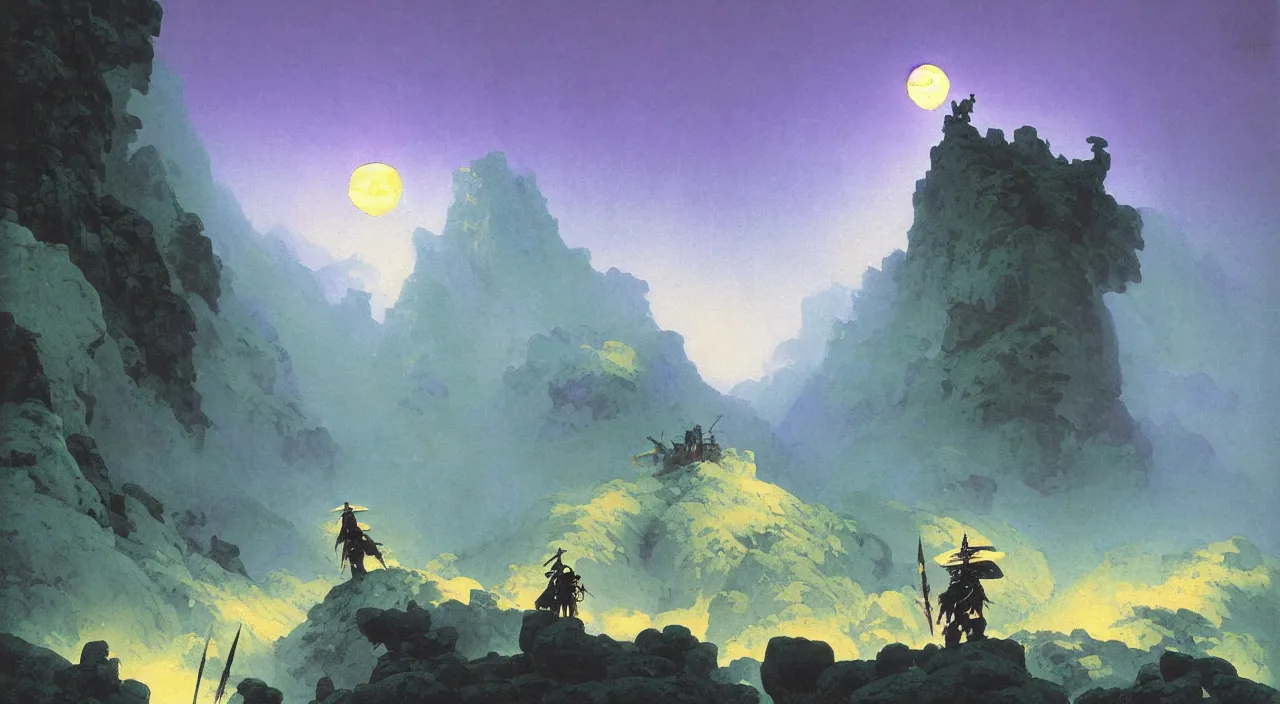 Prompt: vintage anime cinematic robot warrior emerging from moonlit lush cave mountain by Ivan Aivazovsky, watercolor concept art by Syd Mead, by william herbert dunton, watercolor strokes, japanese woodblock, by Jean Giraud