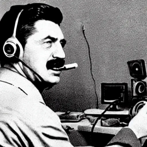 Prompt: Old photograph of Stalin angrily playing Call of Duty, shouting into the headset