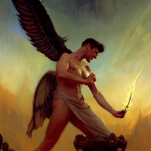 Image similar to attractive male lucifer morningstar casting a spell summoning male demons, they rise from down bellow. highly detailed painting by gaston bussiere, craig mullins, j. c. leyendecker, 8 k