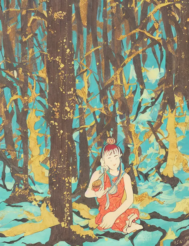 Prompt: spirit of ice cream lost in a forest. this gouache and gold leaf work by the award - winning mangaka has a beautiful composition and intricate details.