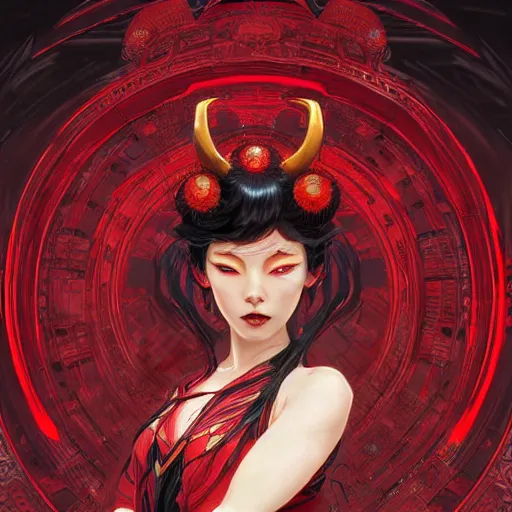 Image similar to japanese spider goddess, d & d, black and red color palette, highly detailed, digital painting, artstation, concept art, sharp focus, illustration, cinematic lighting, art by artgerm and greg rutkowski and alphonse mucha