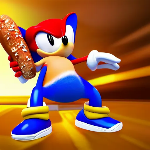 Prompt: overweight sonic the hedgehog standing outside of a hotdog stand holding a hotdog, on the beach scene, ultra - realistic digital art, detailed textures and lighting, detailed character with intricate face detail