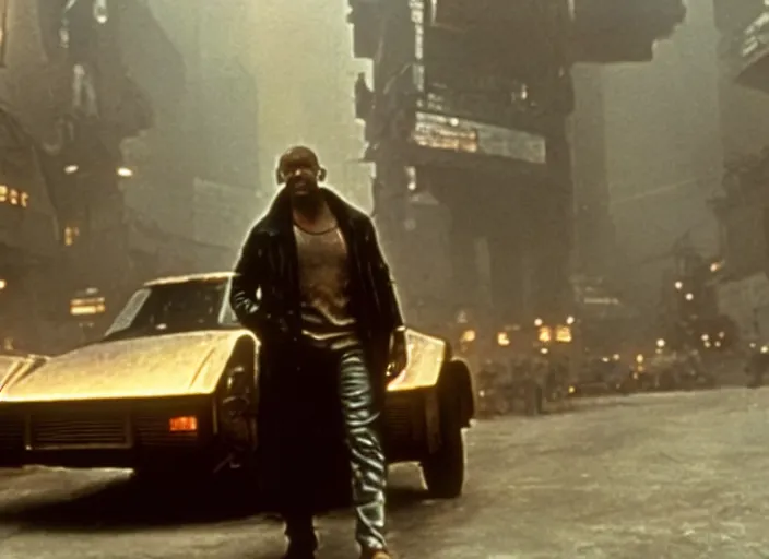 Prompt: scene from the 1912 science fiction film Blade Runner with the main character standing next to a vehicle