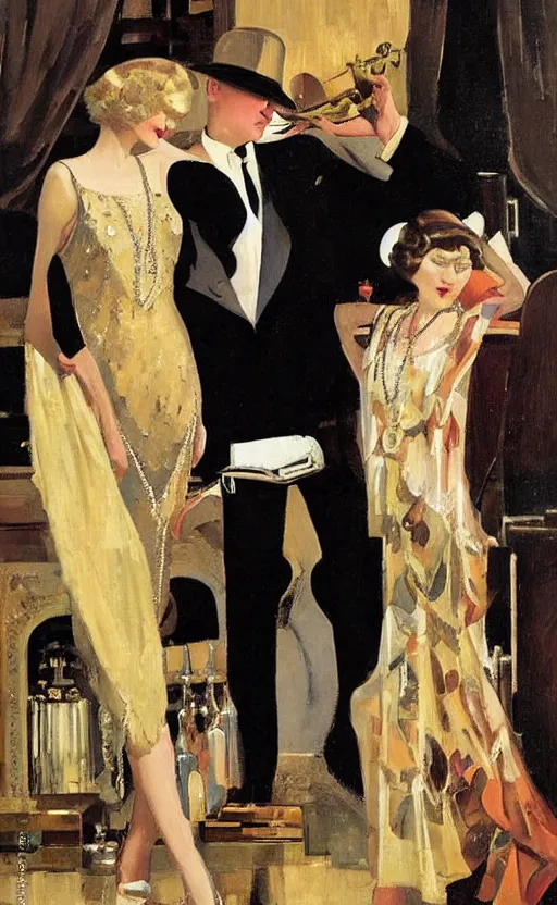 Image similar to an oil painting depicting high society life in the Jazz Age, Fitzgerald, 1920s style, The Great Gatsby, smooth, by Francis Coates Jones, Coles Phillips, Dean Cornwell, JC Leyendecker