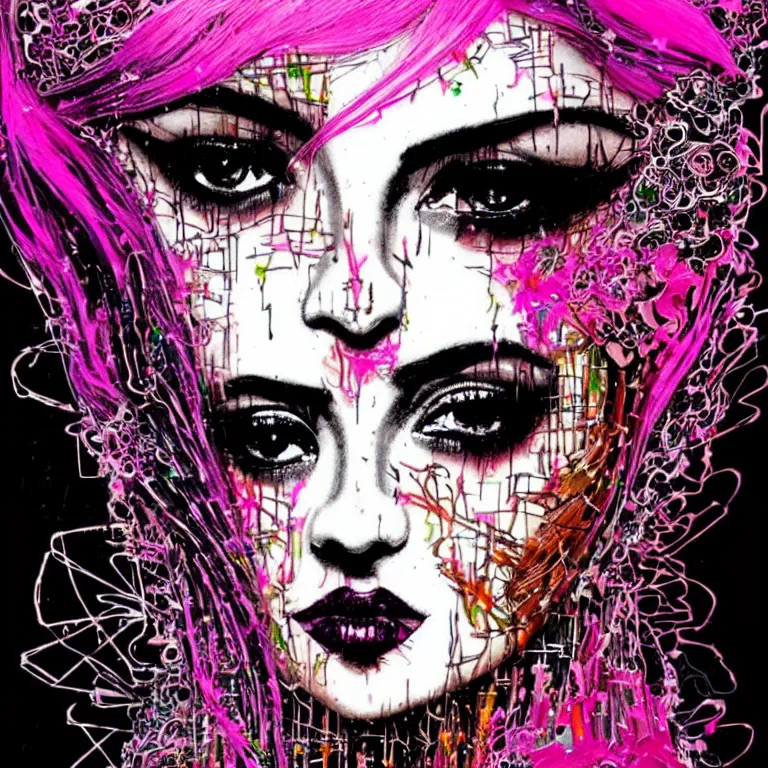 Prompt: a beautiful face gothic girl, pink hair in a stunning black dress playing a piano by el anatsui and carne griffiths