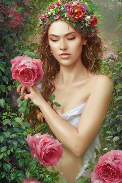 Image similar to beautiful woman in the middle of a lush garden with roses in her hair and an intricate gown, highly detailed, close - up portrait, artstation, art by artgerm and greg rutkowski,