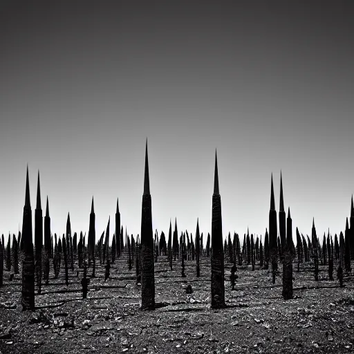 Image similar to radioactive spike field, monolithic granite spikes, one lone person standing in front of the spikes, creepy monotone black and white lighting, post nuclear fallout, desolate, no life, high resolution, old photo,