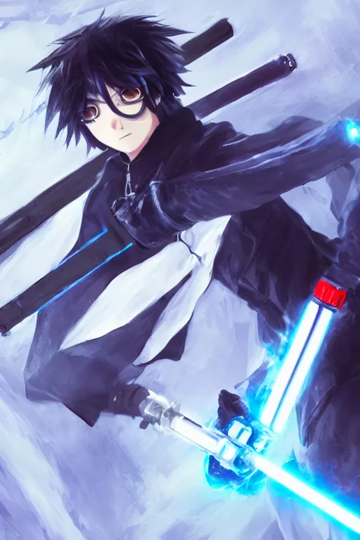 Image similar to anime boy with messy blue hair wearing black long jacket, holding a dual blade lightsaber, WLOP, concept art, digital painting, trending on artstation, highly detailed, epic composition, 8k UHD