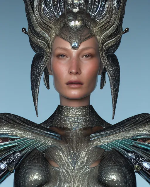 Image similar to a highly detailed metahuman 4 k close up render of an alien goddess bella hadid monument renaissance in iris van herpen dress schiaparelli in diamonds crystals swarovski and jewelry iridescent in style of alphonse mucha gustav klimt trending on artstation made in unreal engine 4