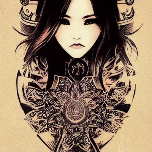 Image similar to tattoo design, stencil, beautiful young female, long dark hair, symmetrical facial features, Japanese, partially clothed in robe, by William-Adolphe Bouguerea and artgerm