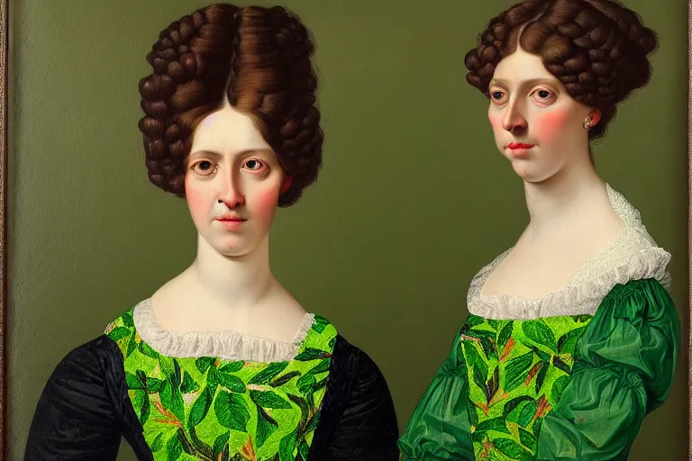 Image similar to franz szony style : a wonderful realistic closed portrait of woman with a majestic intricate and bizarre intertwined ramifications of leaves hairstyle and a semi transparent green cotton dress - h 7 6 8