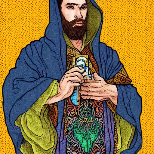 Prompt: portrait of man wearing an embroidered cloak and holding scales, tower, archway, tarot card style, intricate, elegant, full color, trending on artstation