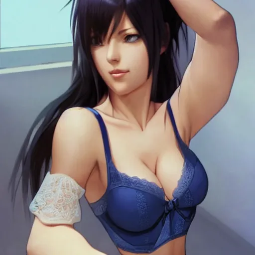Prompt: tifa lockhart in lacy blue bra, looking at viewer!!! in the bedroom at a sleepover!! beautiful face!!!!, 2 7 years old, cg animation, lifelike, animated, realistic, character select portrait, by artgerm, greg rutkowski, alphonse mucha, 3 d