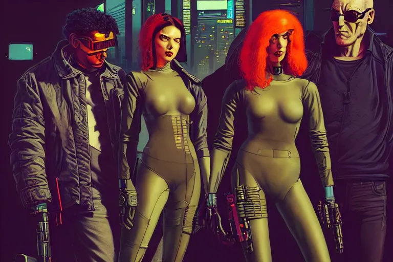 Prompt: cyberpunk heist crew. portrait by stonehouse and mœbius and will eisner and gil elvgren and pixar. character design. realistic proportions. dystopian. cyberpunk 2 0 7 7, apex, blade runner 2 0 4 9 concept art. cel shading. attractive face. thick lines. hi def 4 k. the team. detailed interesting characters. creative