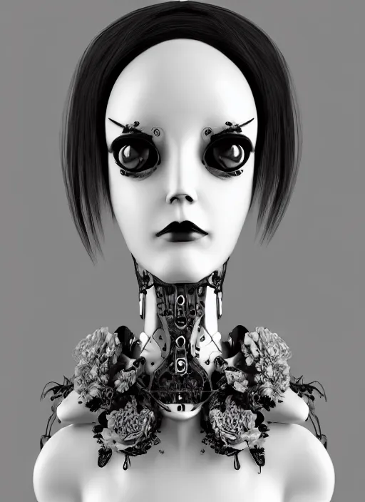 Image similar to black and white dreamy profile face portrait, one silver steampunk eye biomechanical beautiful angelic young female cyborg - robot - doll bust, body ribs meshes,, volumetric light, hibiscus flowers, rim light, big gothic fashion pearl embroidered collar, 1 9 3 0, 8 k