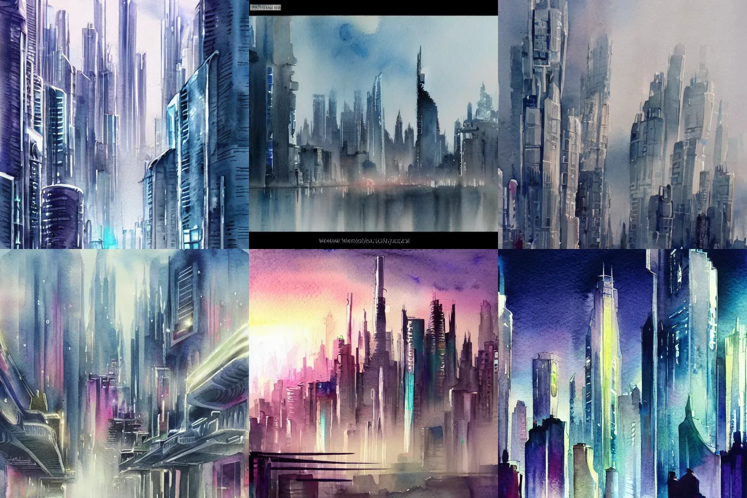 Prompt: beautiful watercolor painting of futuristic city, trending on artstation, award winning