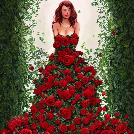 Image similar to full body image of a beautiful woman covered in ivy and red roses, ornate gown standing in a bed of roses, rim light, dynamic lighting, etherial lighting, ultra detail, concept art, elegant, surreal, illustration by lisa aisato