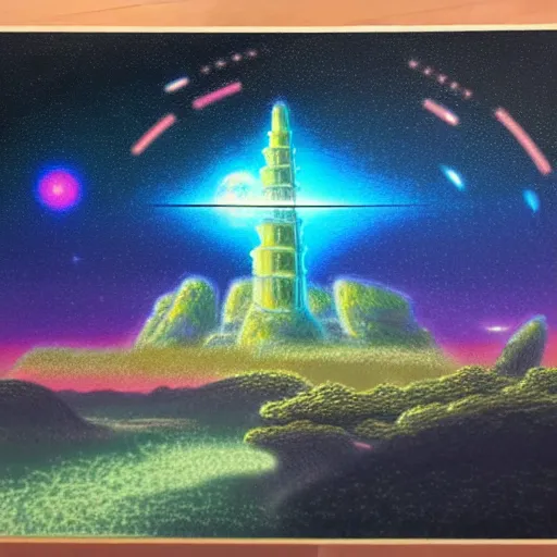 Image similar to a landscape pastel in the style of noriyoshi ohrai of an ancient holy tower, it has iridescent mana radiating from it. it is centered. the background is the starry sky at night. key art. 4 k retrofuturistic fantasy