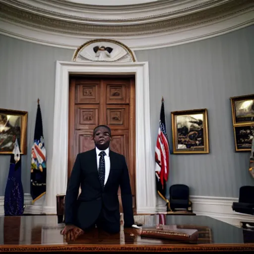 Prompt: professional portrait of dababy in the oval office, wearing a black suit,