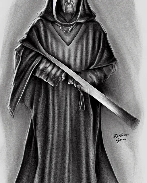 Image similar to character concept portrait of a man in dark robes, hooded, drawn by greg rukowtski