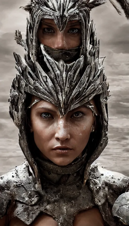 Image similar to wet ancient princess tribeswoman in battlerage, destroyed armor inspired by monster hunter, low shot camera, muscular, symmetrical face, clean face, subtle make up, debris and arrows flies around her, frozen time effect,dramatic lighting, cinematic, establishing shot, extremely high detail, photorealistic, 300 the movie,monster hunter the movie, dune the movie, cinematic lighting, artstation, octane render, western,old photo, vintage