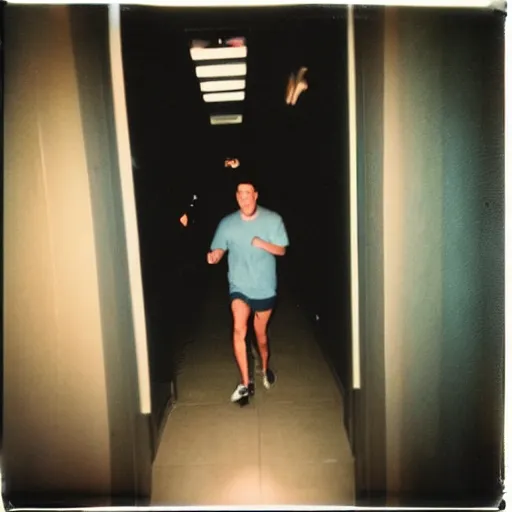 Image similar to A creepy polaroid photo of Elon Musk chasing you down a hallway