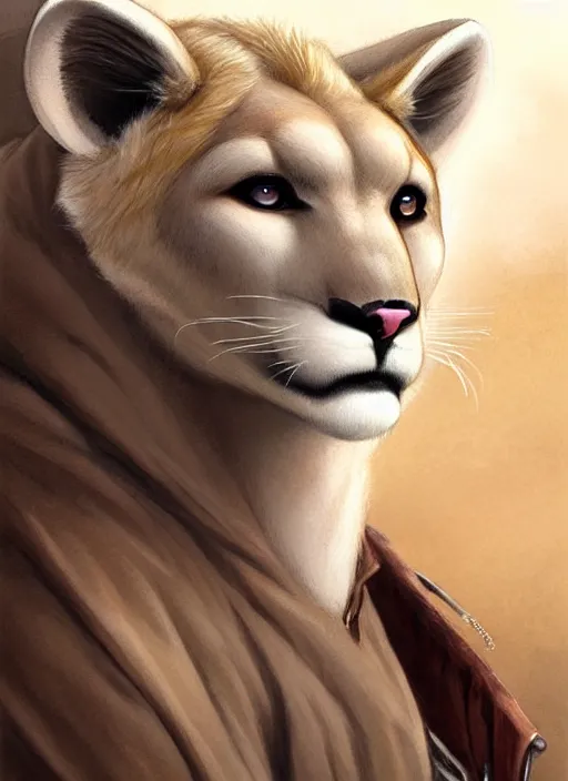 Image similar to beautiful portrait commission of a male furry anthro albino mountain lion wearing miner's clothes in the western frontier. Atmospheric. Character design by charlie bowater, ross tran, artgerm, and makoto shinkai, detailed, inked, western comic book art