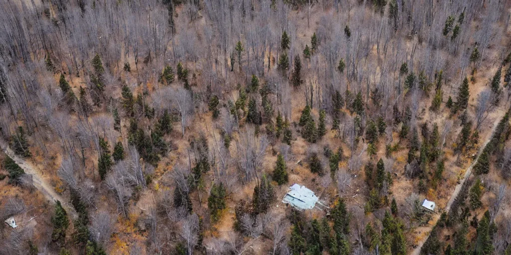 Prompt: aerial drone photograph of an abandoned middle class neighbourhood, post - apocalyptic, michigan, forest