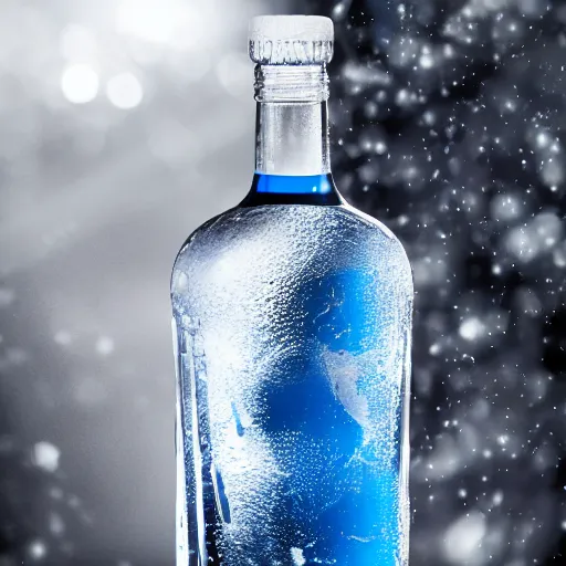 Image similar to an award - winning advertisement photo of a mystical blue liquor bottle with a snowy mountain and ice, drammatic lighting, sigma 5 0 mm, ƒ / 8, behance