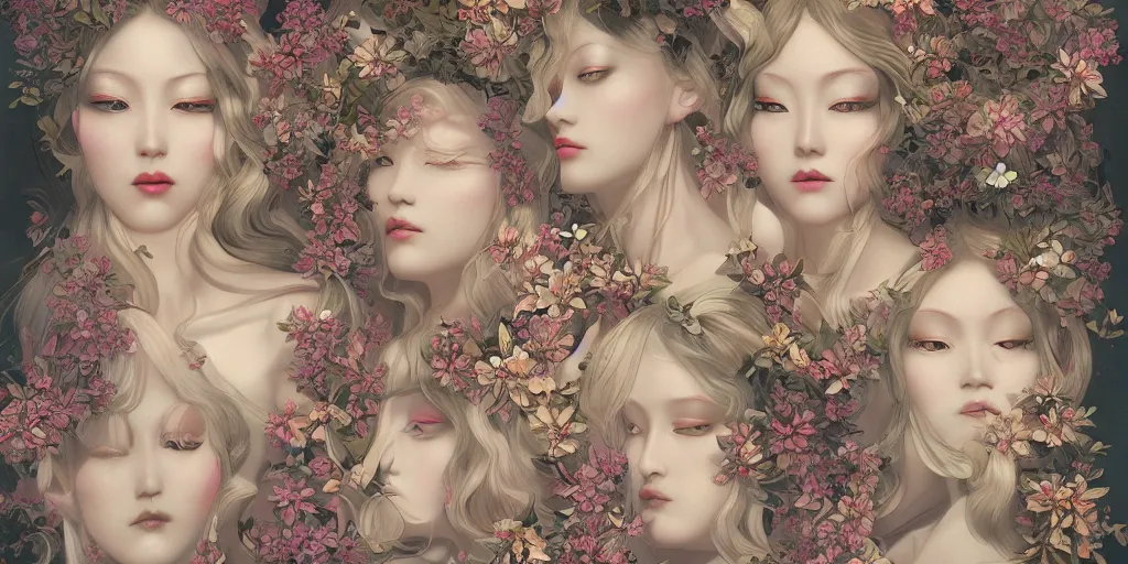 Image similar to breathtaking detailed concept art painting art deco pattern of blonde faces goddesses amalgamation flowers, by hsiao - ron cheng, bizarre compositions, exquisite detail, extremely moody lighting, 8 k