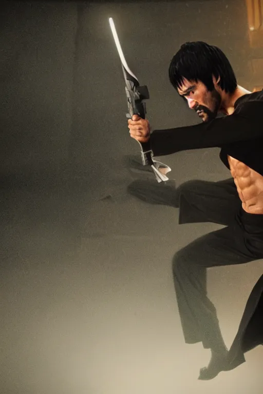 Prompt: A still of Bruce Lee as John Wick, close-up, sigma male, rule of thirds, award winning photo, unreal engine, studio lighting, highly detailed features, raining, ethereal lighting