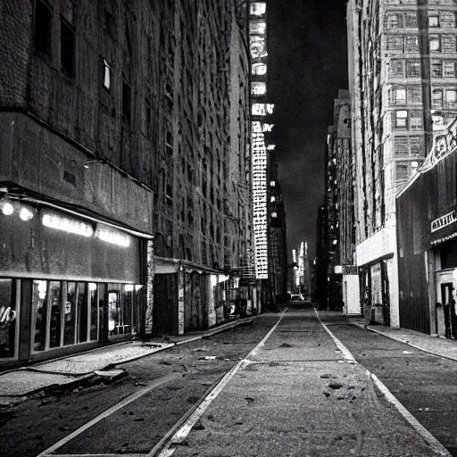 Image similar to color photograph, highly detailed abandoned New York city street at night after the war between humans and AIs, film grain, soft vignette, sigma 85mm f/1.4 1/10 sec shutter, film still promotional image, IMAX 70mm footage